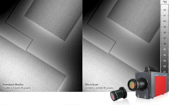 A comparison of exposures of a circuit board show the improved resolution of MicroScan technology